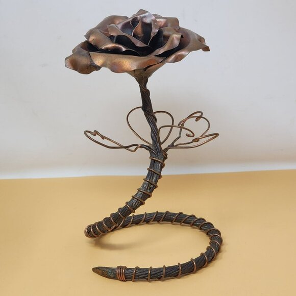 Vintage Handcrafted Antique Copper Finish Metal Rose Sculpture Art Piece - Picture 1 of 10